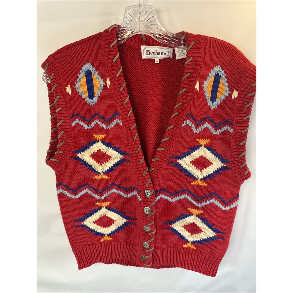 Bechamel Vintage Red Southwestern Knit Sweater Vest Suede Trim Button Front S